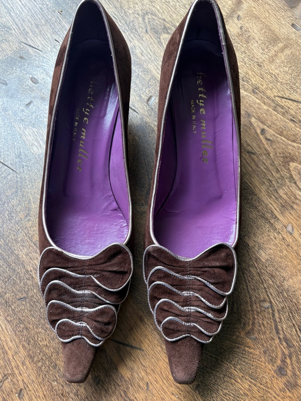 bettye muller Brown Suede Pointed Toe Kitten Heels with Gold Trim